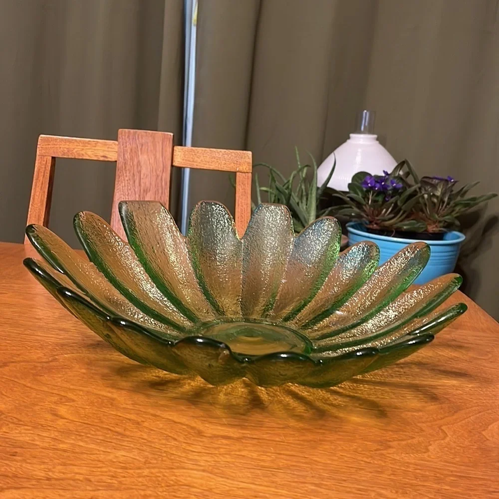 Vintage Blown Glass Daisy Bowl Green Glass Decorative Bowl Oversized Daisy Bowl